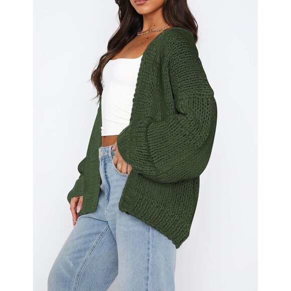 Womens Trendy Cardigan Sweaters Fall Army Green Long Sleeve Chunky Knit Outfits - Picture 3 of 8